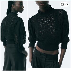 Zara Pointelle knit sweater balloon sleeve, ruffle trim top